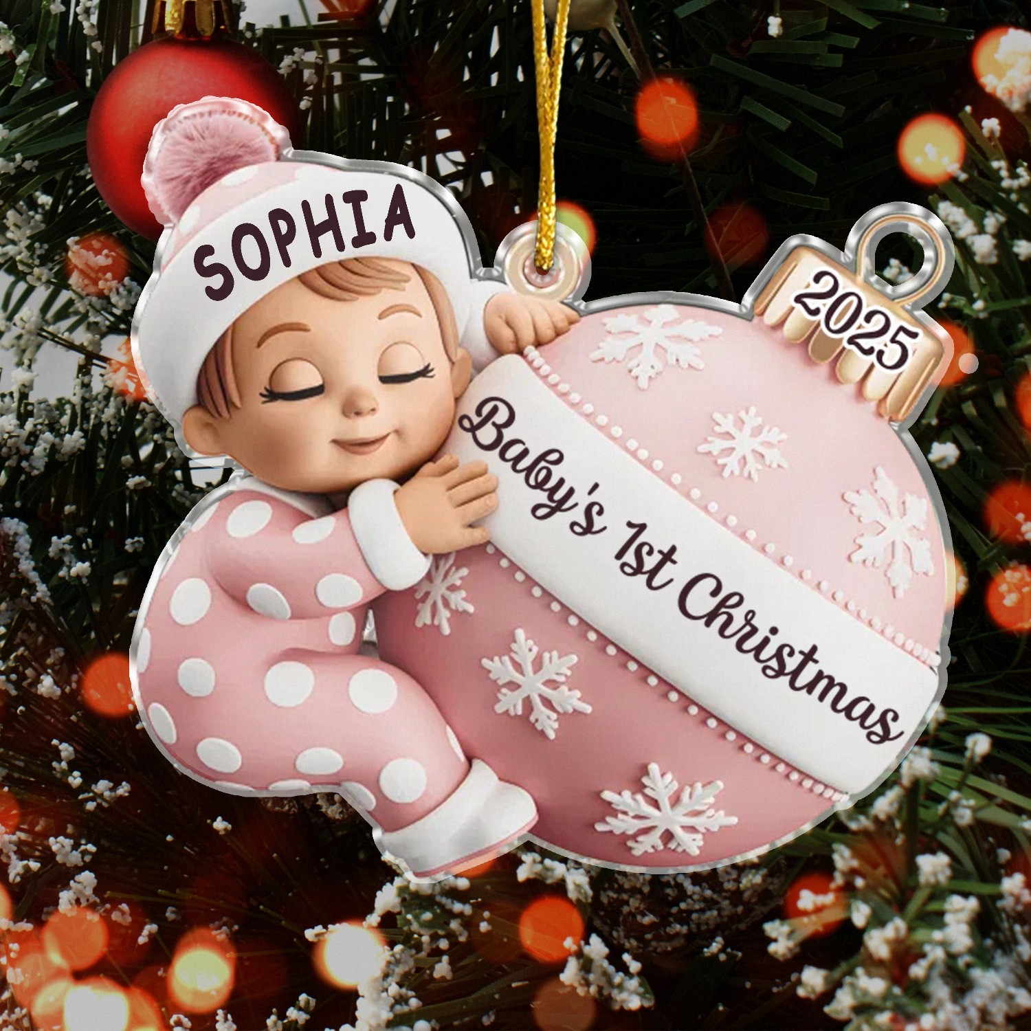 Acrylic Baby's First Christmas Keepsake Ornament - Personalized Pink Pram for Newborn Girl, Custom Name & Date