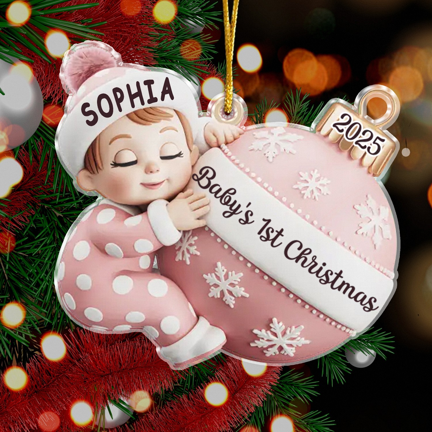 Acrylic Baby's First Christmas Keepsake Ornament - Personalized Pink Pram for Newborn Girl, Custom Name & Date