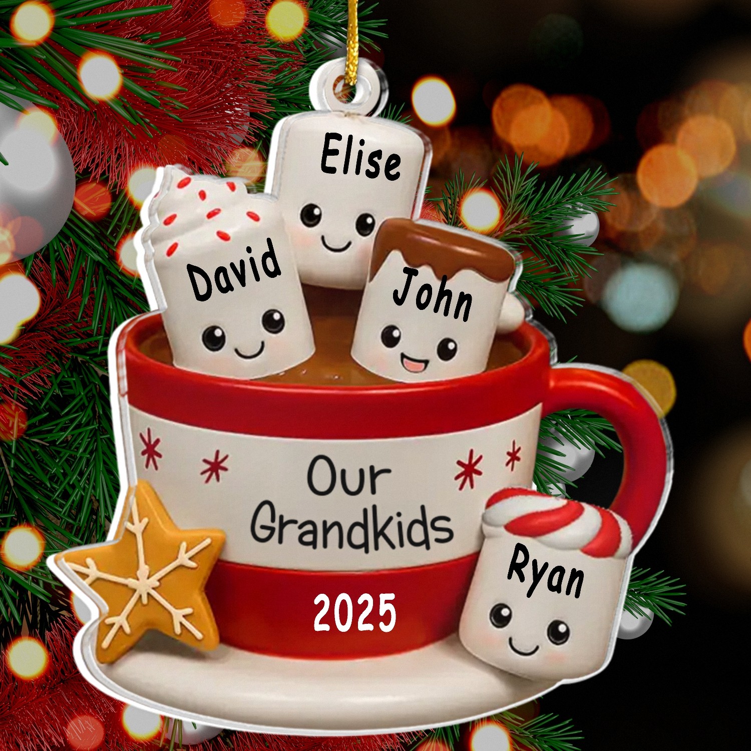 Custom Acrylic Christmas Ornament for Grandparents - Mug with Sweet Marshmallow Grandkids, Personalized with Names