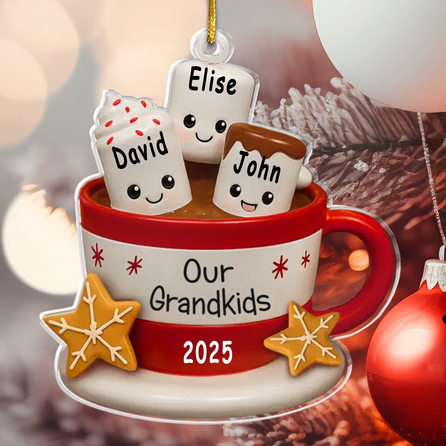 Custom Acrylic Christmas Ornament for Grandparents - Mug with Sweet Marshmallow Grandkids, Personalized with Names