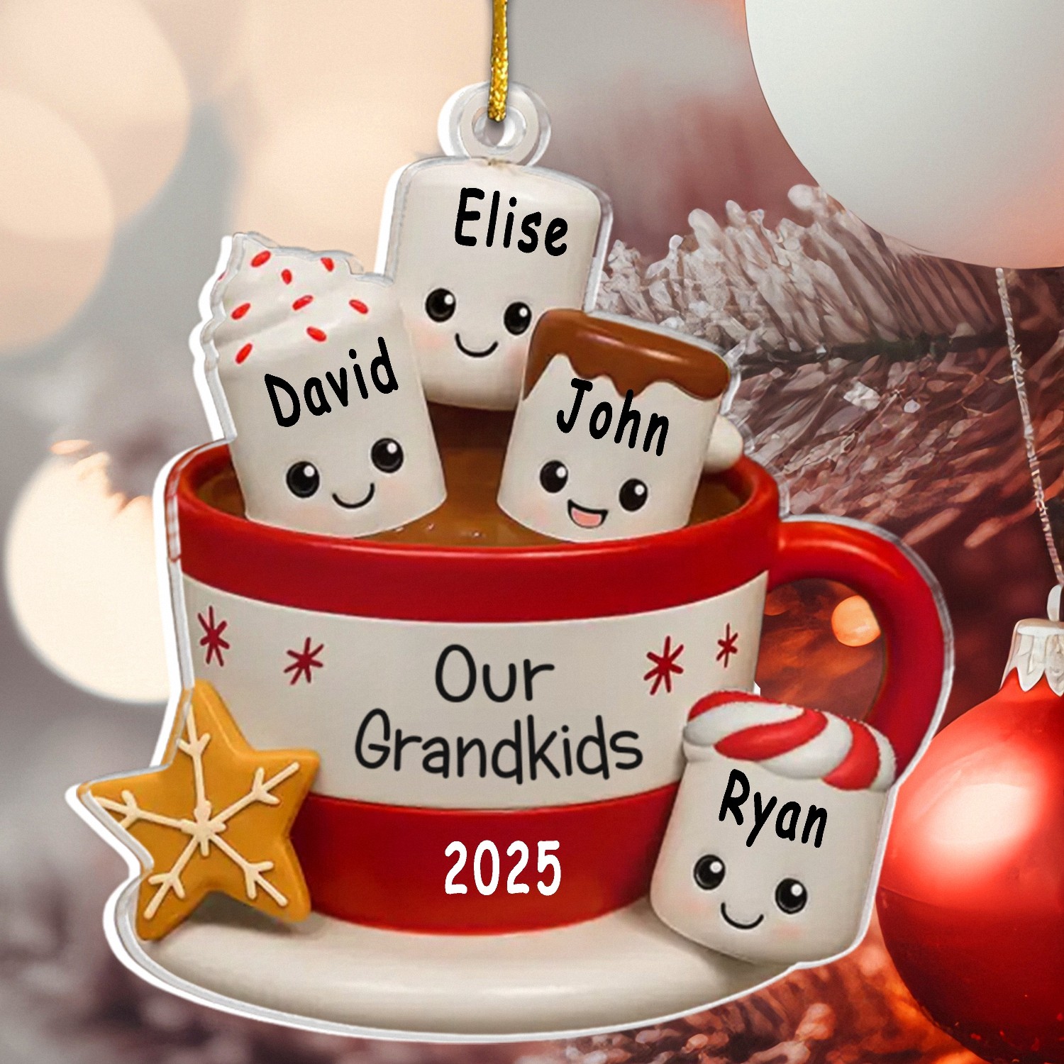 Custom Acrylic Christmas Ornament for Grandparents - Mug with Sweet Marshmallow Grandkids, Personalized with Names
