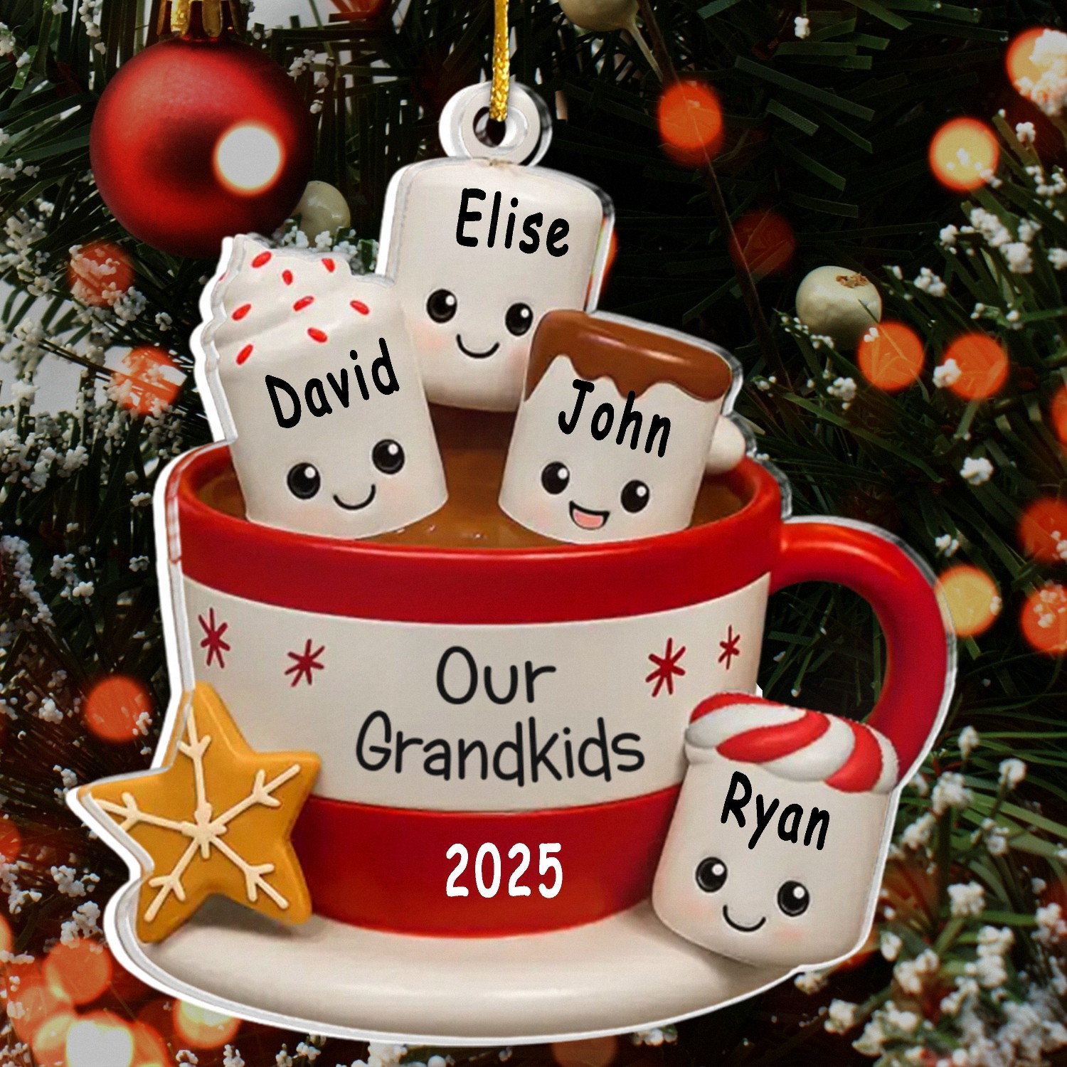 Custom Acrylic Christmas Ornament for Grandparents - Mug with Sweet Marshmallow Grandkids, Personalized with Names