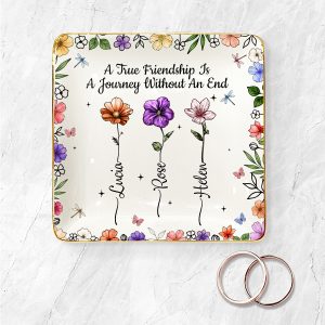 Custom Best Friend Jewelry Tray with Birth Flowers & Names - Ceramic Dish Featuring an Extra Large Print Size