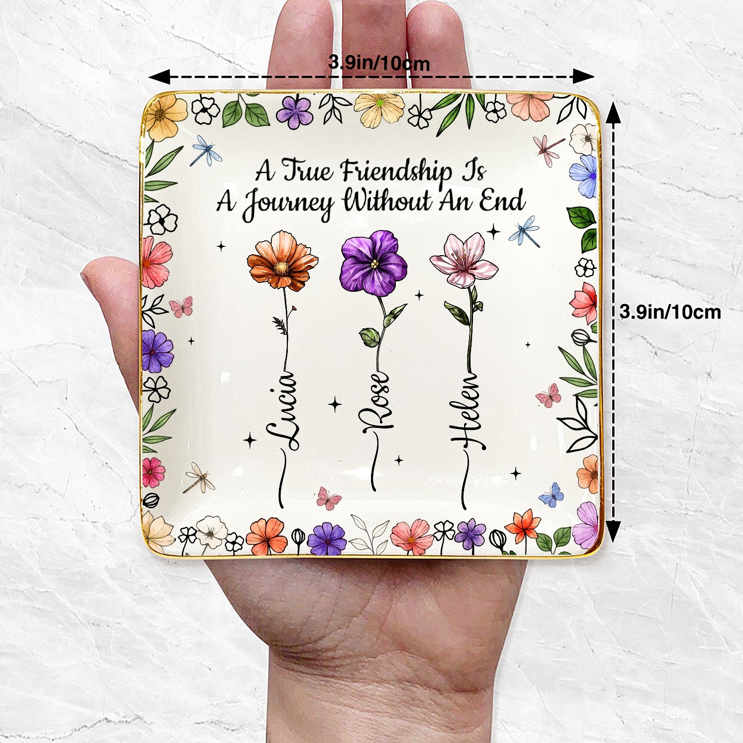 Custom Best Friend Jewelry Tray with Birth Flowers & Names - Ceramic Dish Featuring an Extra Large Print Size