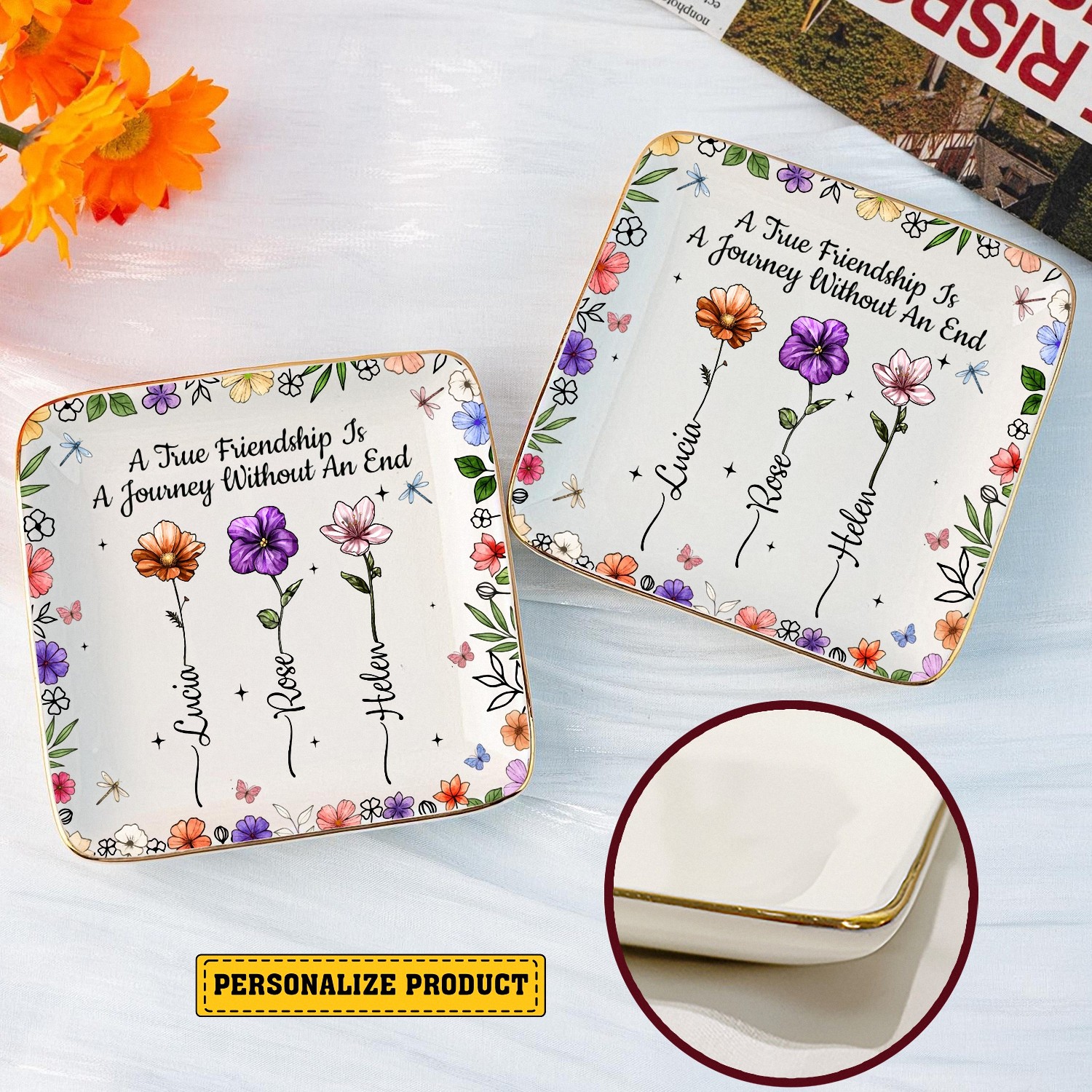 Custom Best Friend Jewelry Tray with Birth Flowers & Names - Ceramic Dish Featuring an Extra Large Print Size
