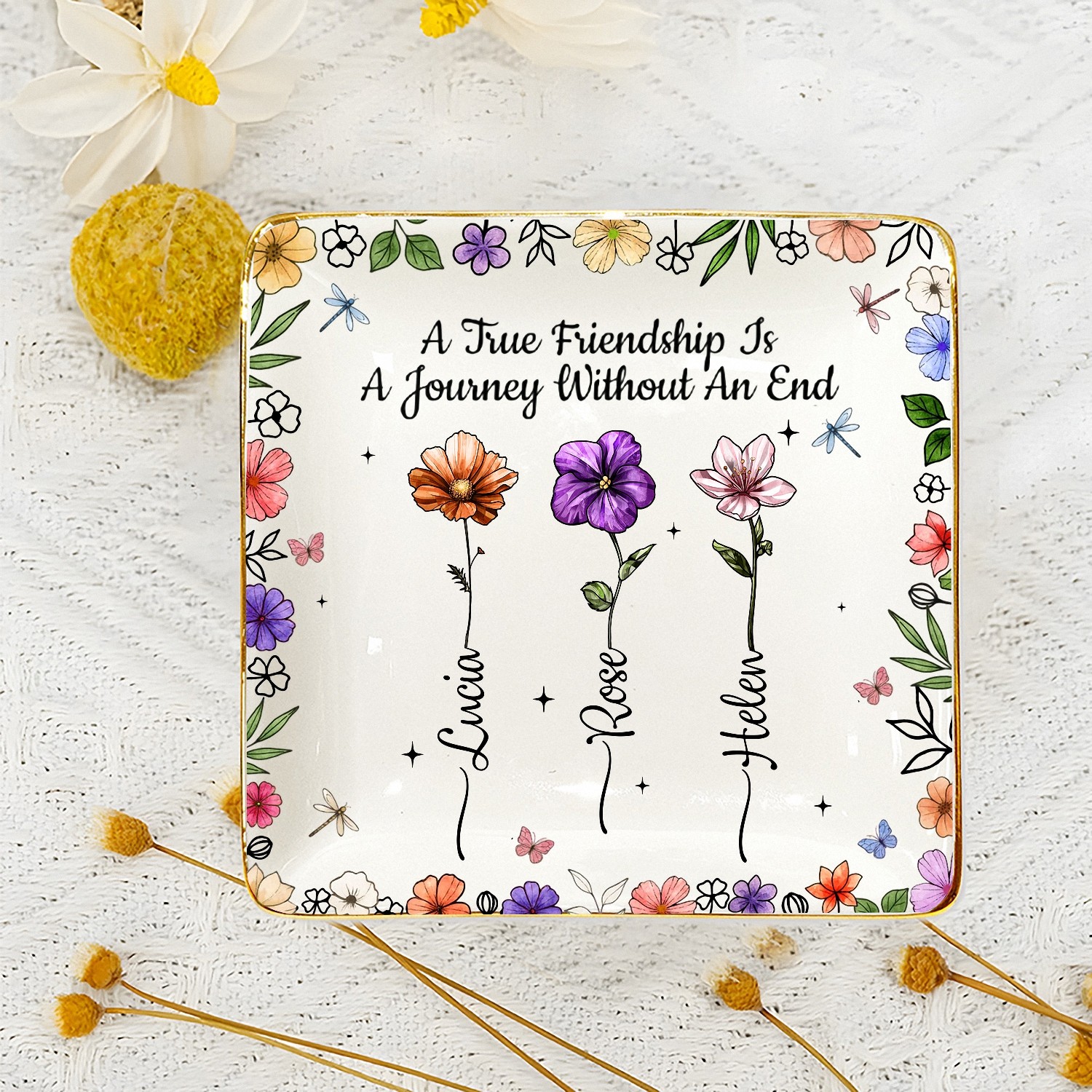 Custom Best Friend Jewelry Tray with Birth Flowers & Names - Ceramic Dish Featuring an Extra Large Print Size