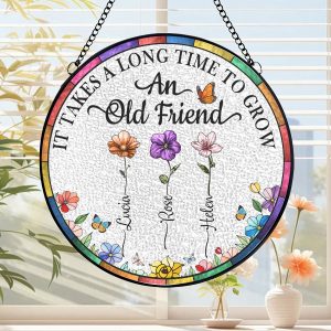 Custom Best Friends Birth Flower Glass Suncatcher - Personalized with Names, Heartfelt Friendship Quote Decor
