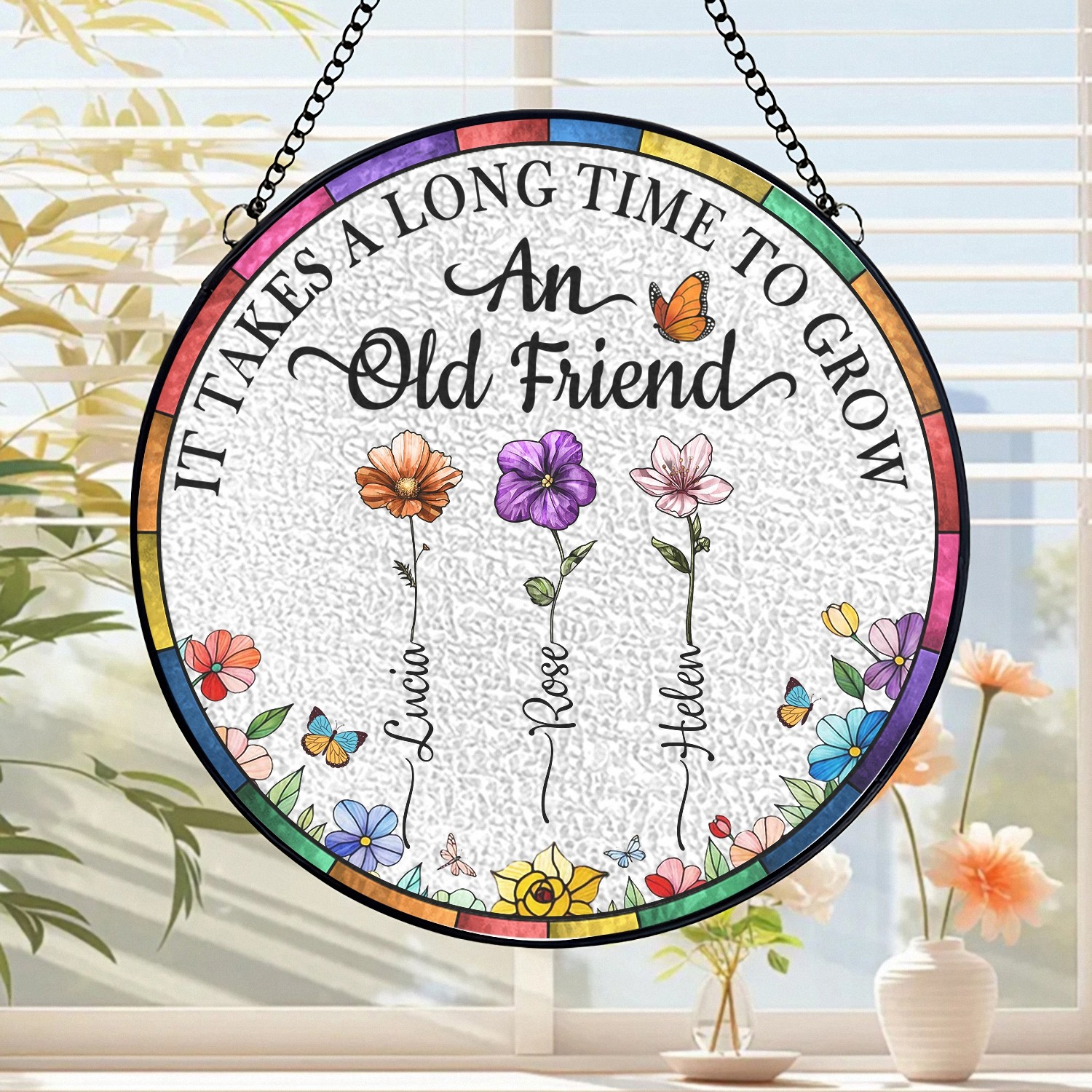Custom Best Friends Birth Flower Glass Suncatcher - Personalized with Names, Heartfelt Friendship Quote Decor