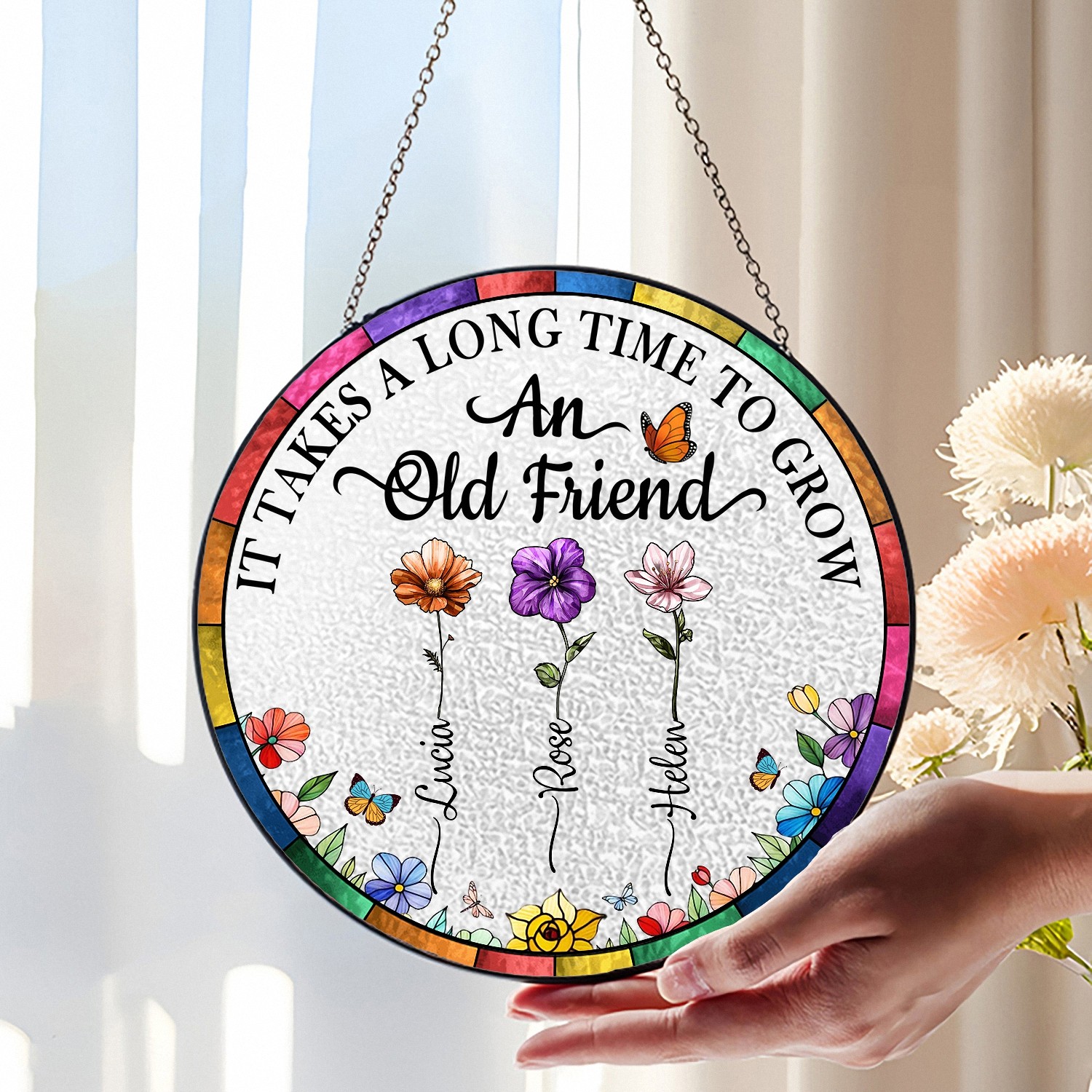 Custom Best Friends Birth Flower Glass Suncatcher - Personalized with Names, Heartfelt Friendship Quote Decor