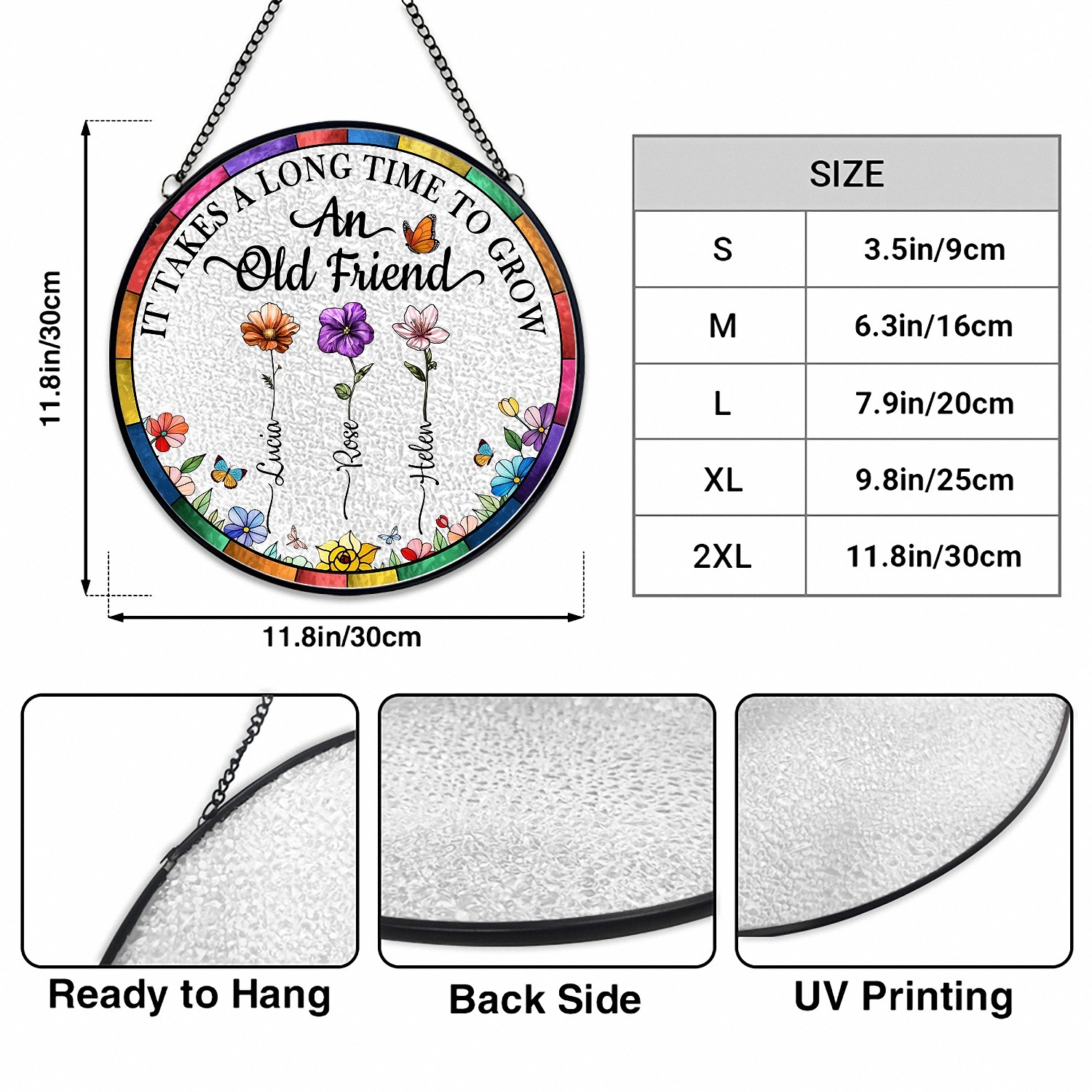 Custom Best Friends Birth Flower Glass Suncatcher - Personalized with Names, Heartfelt Friendship Quote Decor