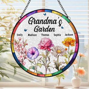 Custom Birth Flower Suncatcher for Grandma - Personalized with Grandchildren's Names, Stained Glass Effect Window Hanging
