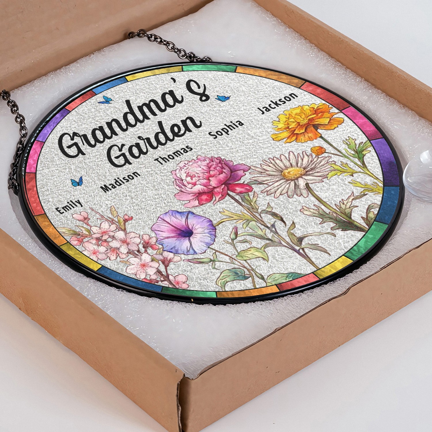 Custom Birth Flower Suncatcher for Grandma - Personalized with Grandchildren's Names, Stained Glass Effect Window Hanging