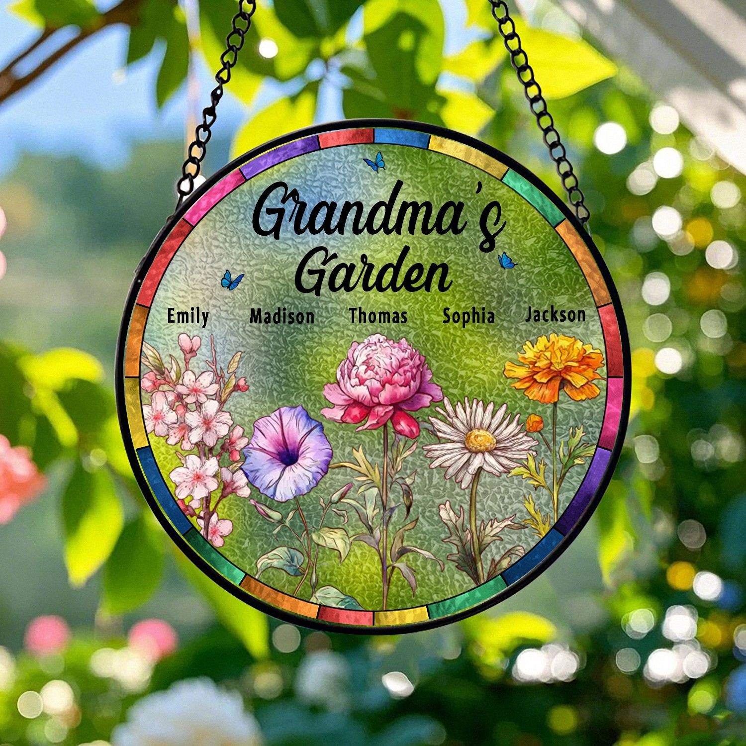 Custom Birth Flower Suncatcher for Grandma - Personalized with Grandchildren's Names, Stained Glass Effect Window Hanging