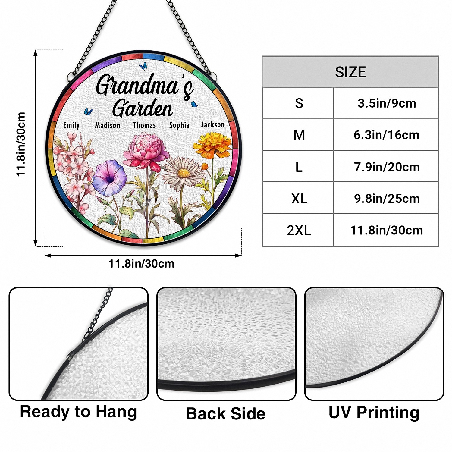 Custom Birth Flower Suncatcher for Grandma - Personalized with Grandchildren's Names, Stained Glass Effect Window Hanging