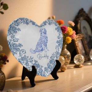 Custom Dog Breeds Chinoiserie Toile De Jouy Style Personalized Heart Shape Ceramic Plate