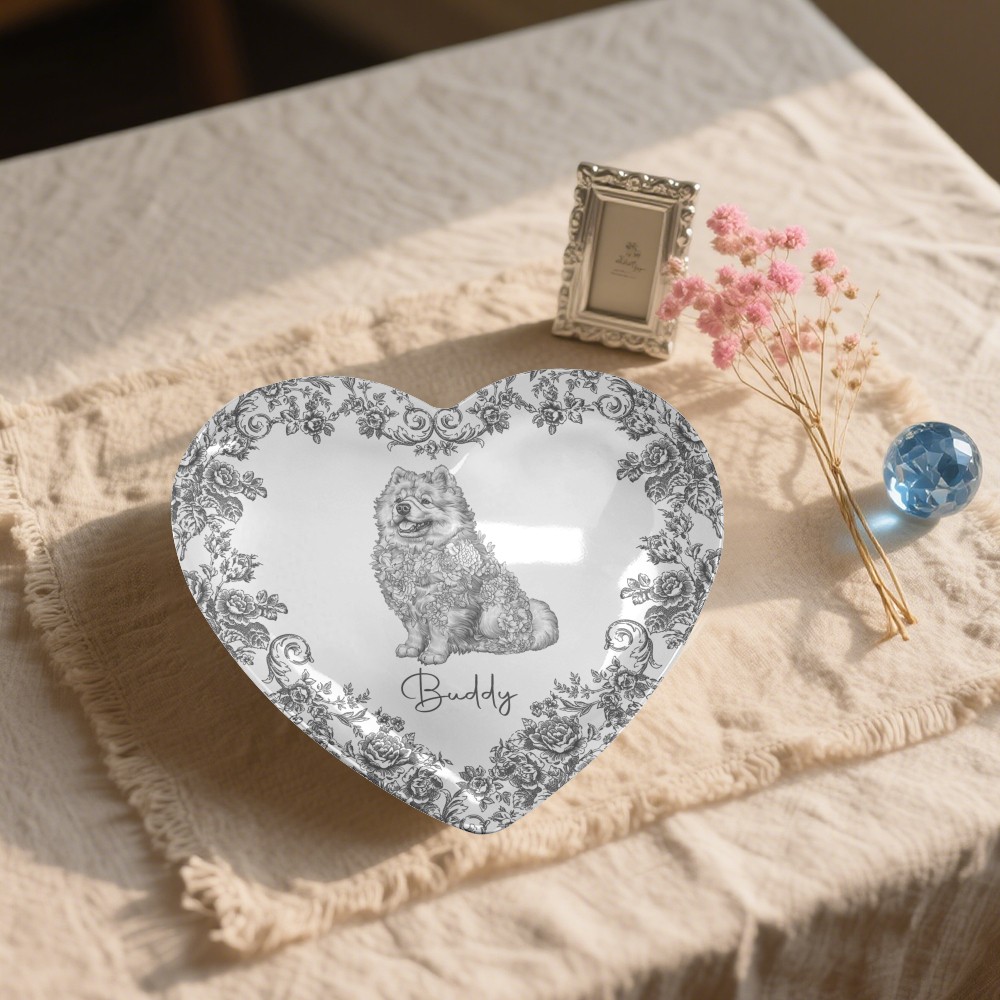 Custom Dog Breeds Chinoiserie Toile De Jouy Style Personalized Heart Shape Ceramic Plate