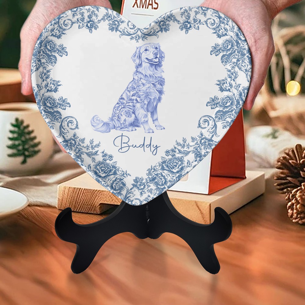 Custom Dog Breeds Chinoiserie Toile De Jouy Style Personalized Heart Shape Ceramic Plate
