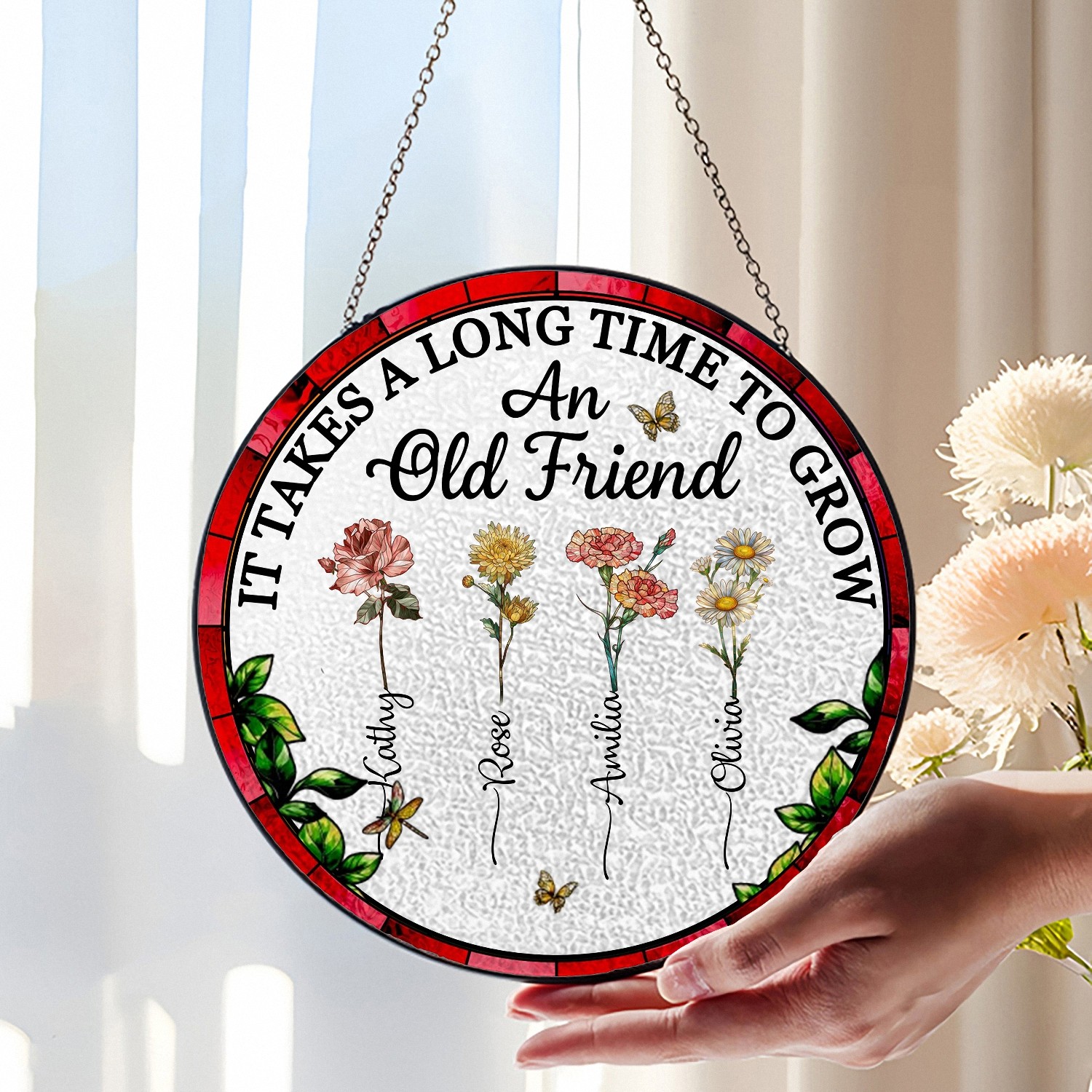 Custom Friendship Garden Suncatcher Round Stained Glass with Personalized Birth Flowers