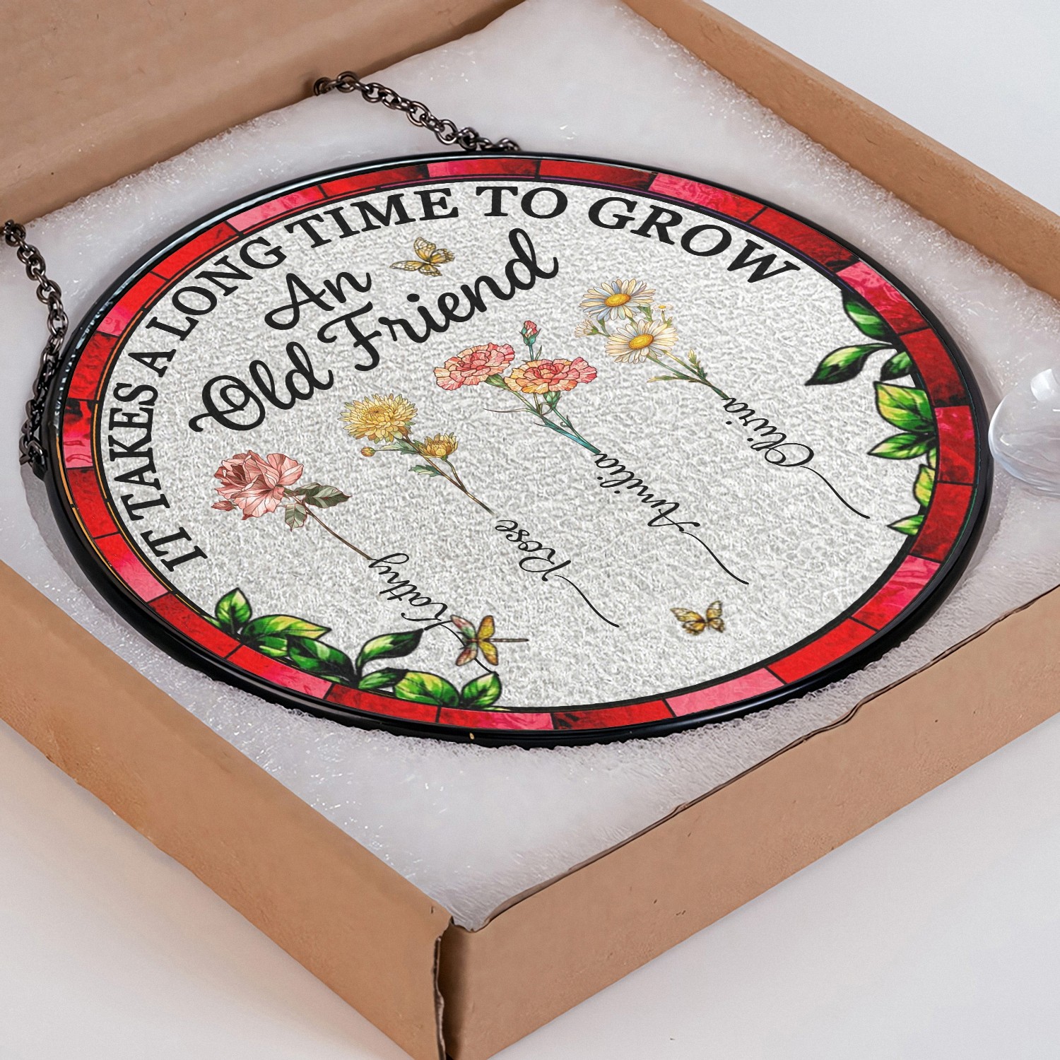 Custom Friendship Garden Suncatcher Round Stained Glass with Personalized Birth Flowers