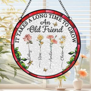 Custom Friendship Garden Suncatcher Round Stained Glass with Personalized Birth Flowers