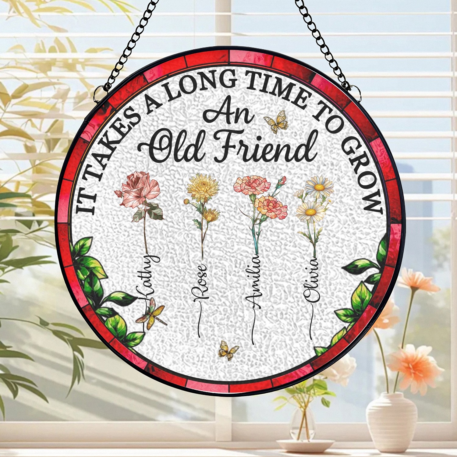 Custom Friendship Garden Suncatcher Round Stained Glass with Personalized Birth Flowers
