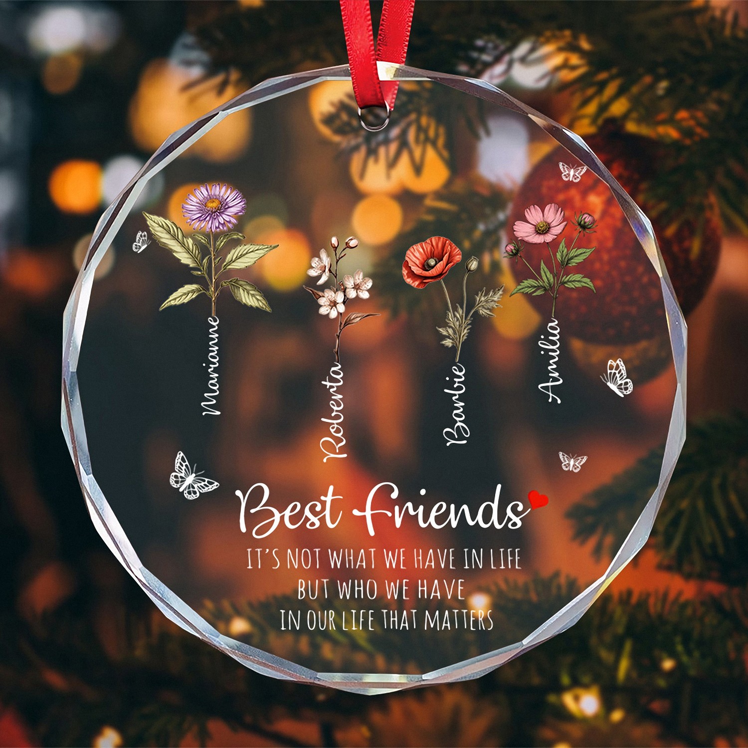 Custom Friendship Gift Circle Ornament with Your Besties Names and Birth Flowers