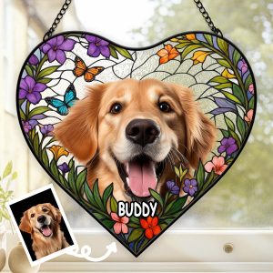 Custom Pet Photo Name Heart Suncatcher, Stained Glass Effect with Floral Frame, Pet Memorial Gift for Dog Cat Lovers, Window Hanging Decor