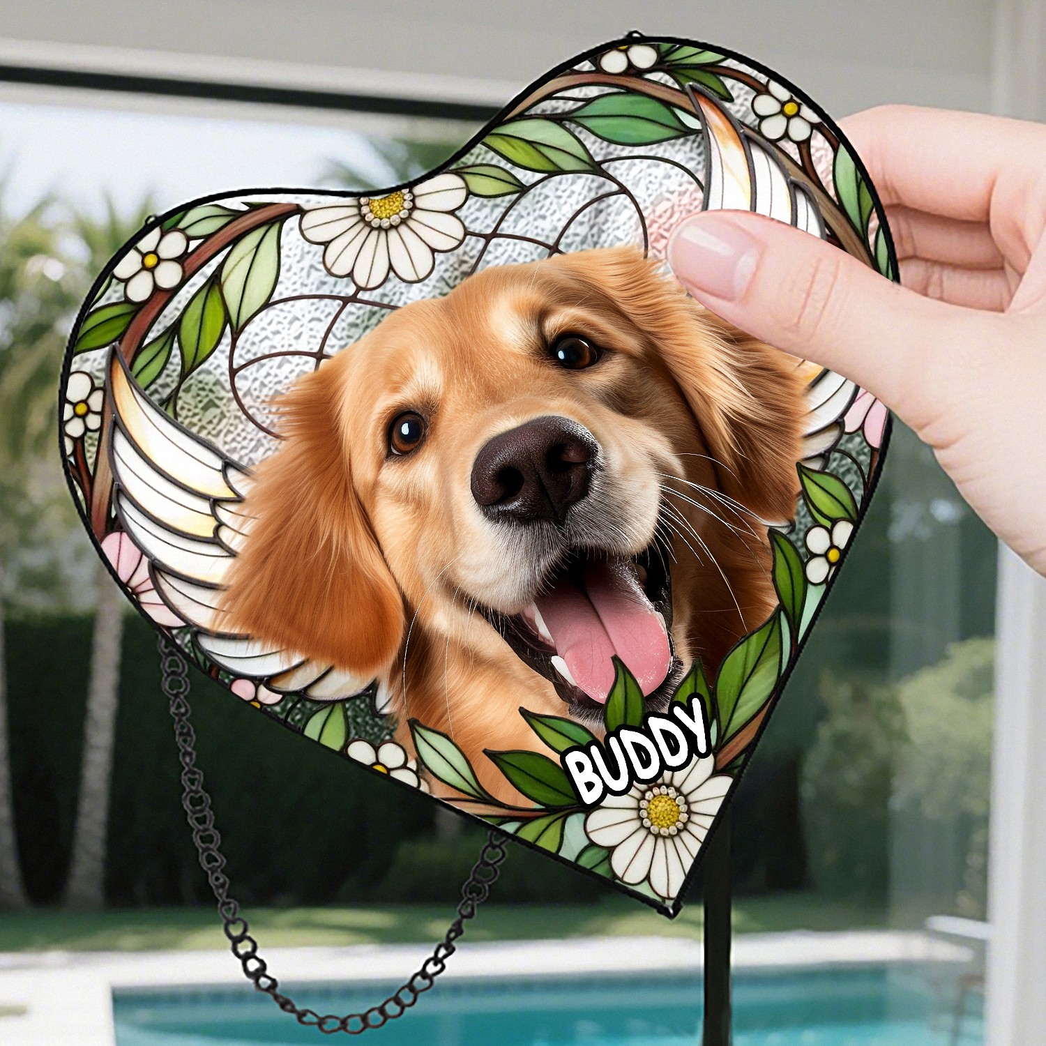 Custom Pet Photo Name Heart Suncatcher, Stained Glass Effect with Floral Frame, Pet Memorial Gift for Dog Cat Lovers, Window Hanging Decor