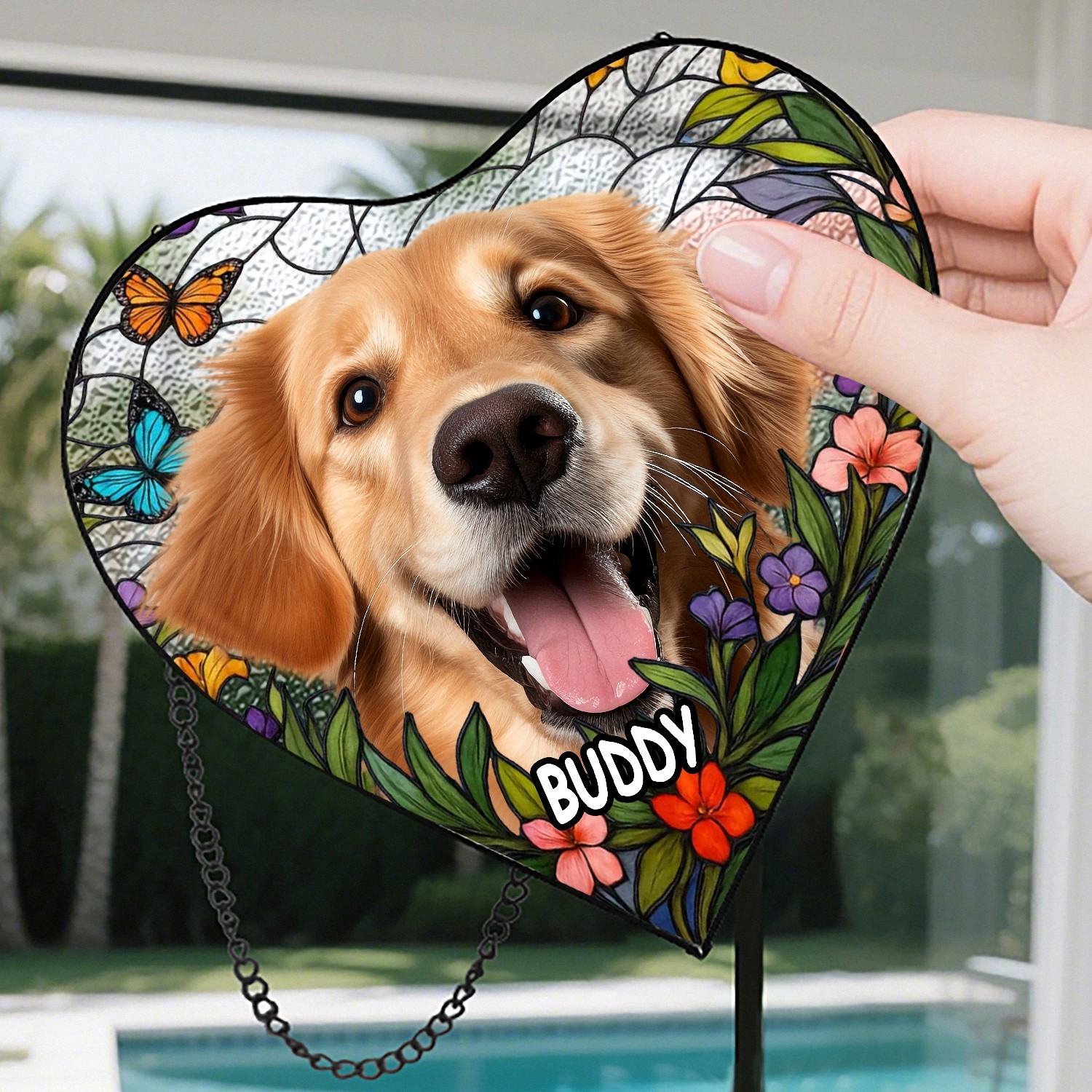 Custom Pet Photo Name Heart Suncatcher, Stained Glass Effect with Floral Frame, Pet Memorial Gift for Dog Cat Lovers, Window Hanging Decor