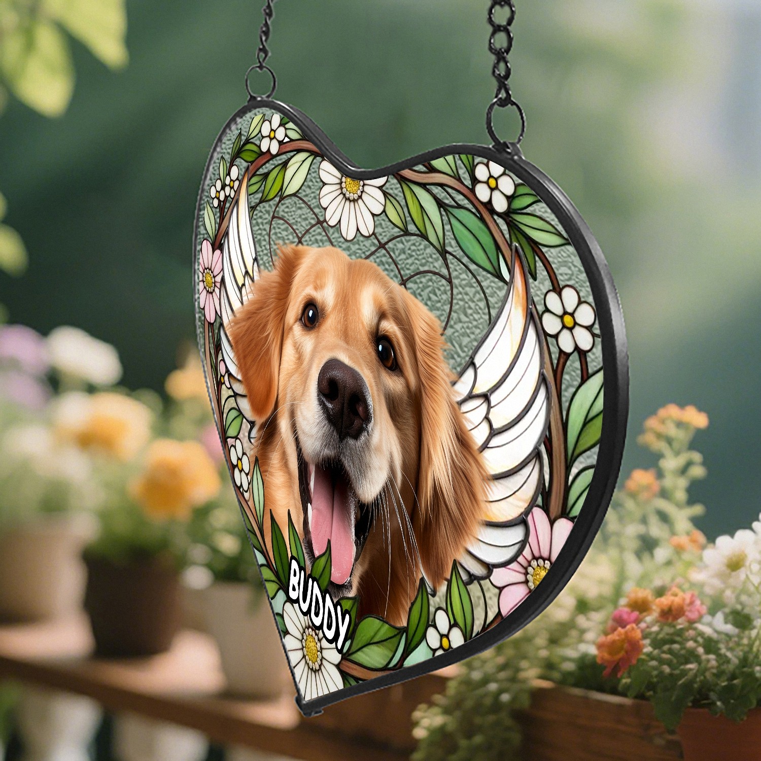 Custom Pet Photo Name Heart Suncatcher, Stained Glass Effect with Floral Frame, Pet Memorial Gift for Dog Cat Lovers, Window Hanging Decor