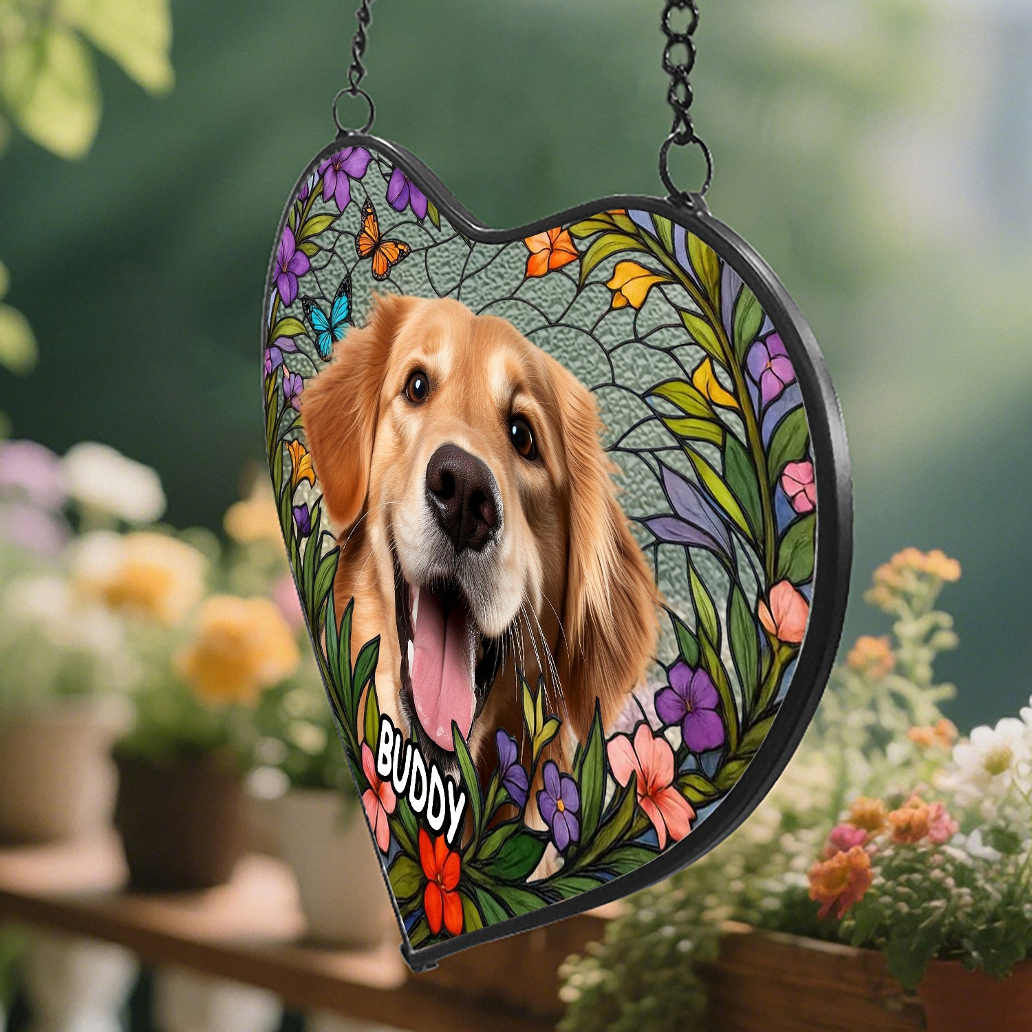 Custom Pet Photo Name Heart Suncatcher, Stained Glass Effect with Floral Frame, Pet Memorial Gift for Dog Cat Lovers, Window Hanging Decor