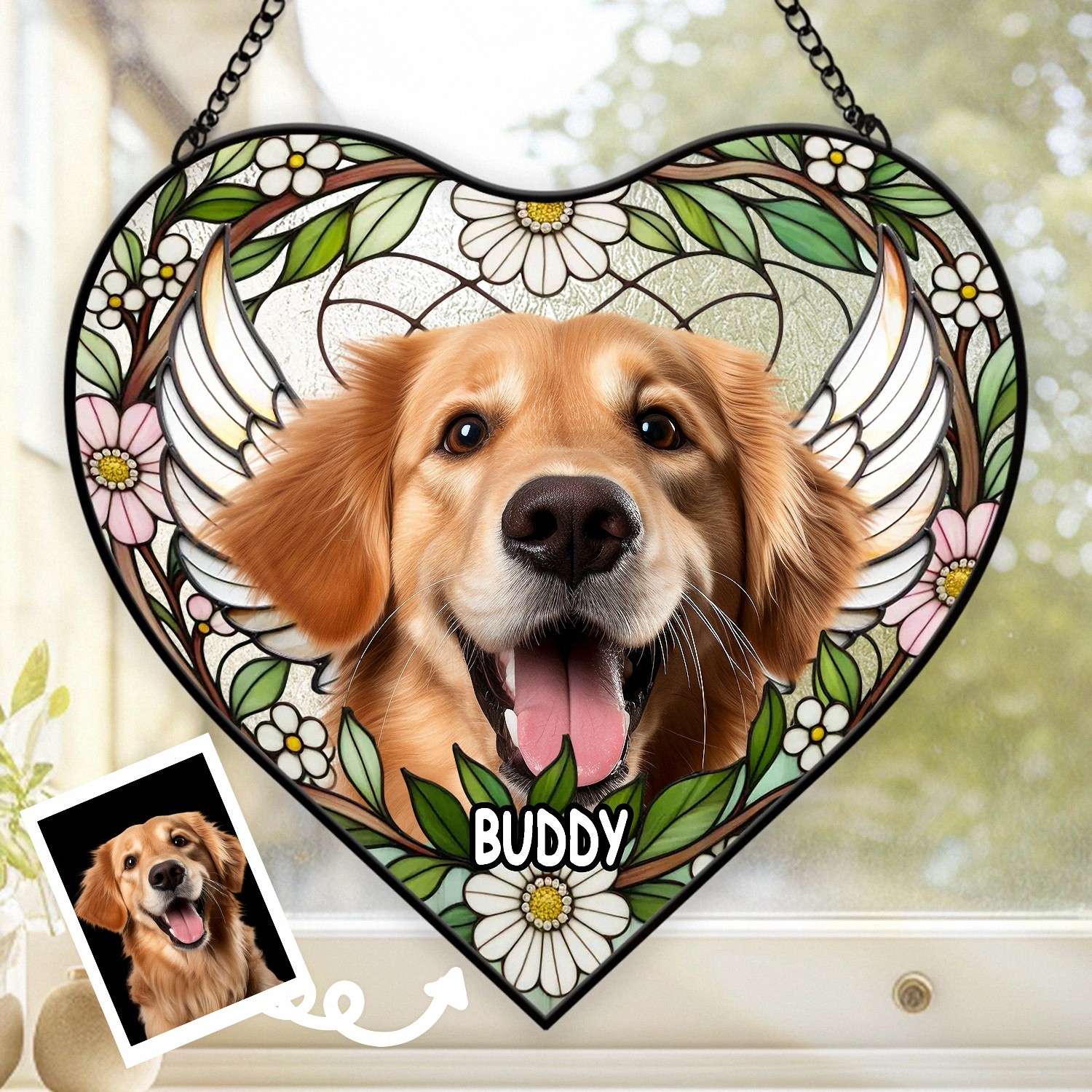 Custom Pet Photo Name Heart Suncatcher, Stained Glass Effect with Floral Frame, Pet Memorial Gift for Dog Cat Lovers, Window Hanging Decor