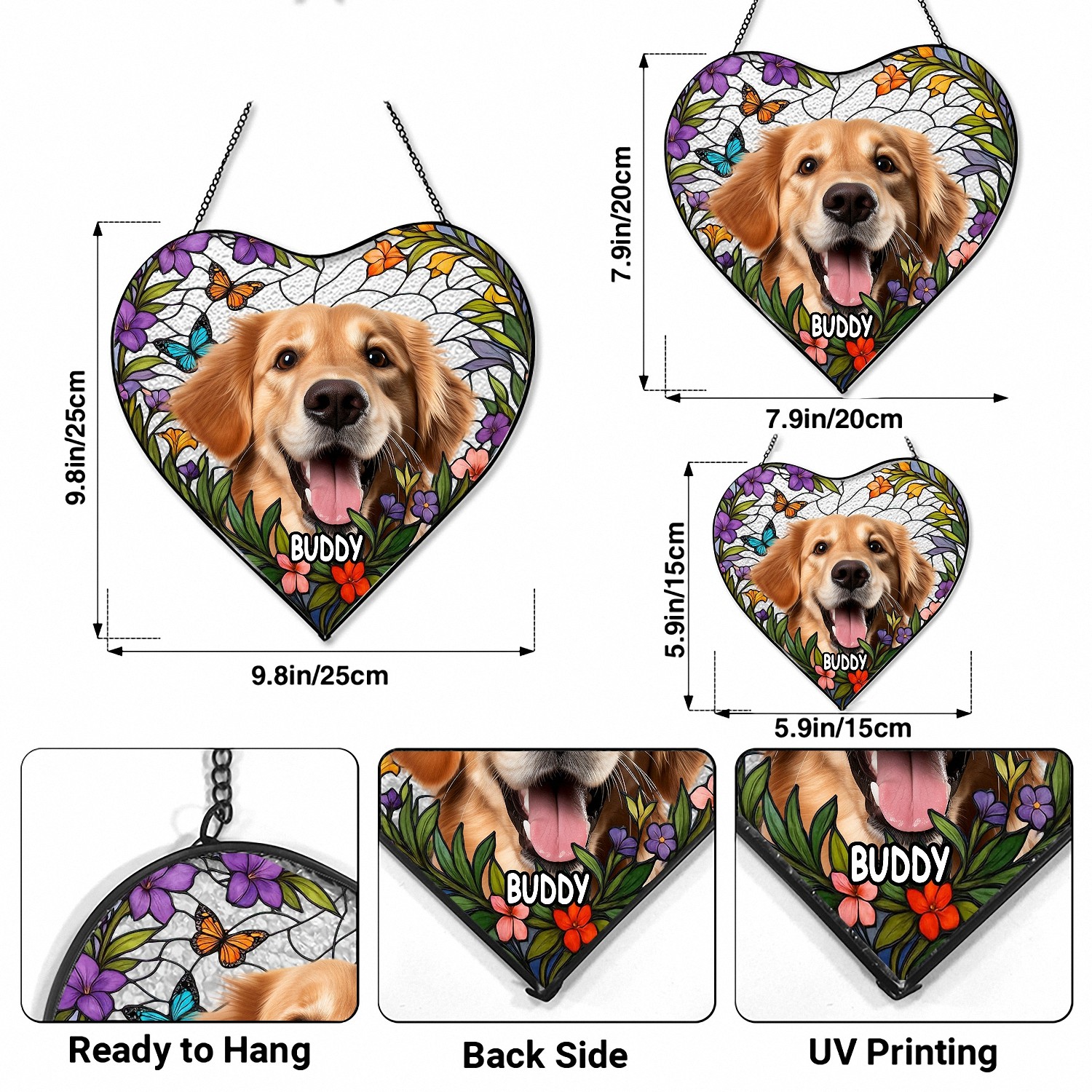 Custom Pet Photo Name Heart Suncatcher, Stained Glass Effect with Floral Frame, Pet Memorial Gift for Dog Cat Lovers, Window Hanging Decor