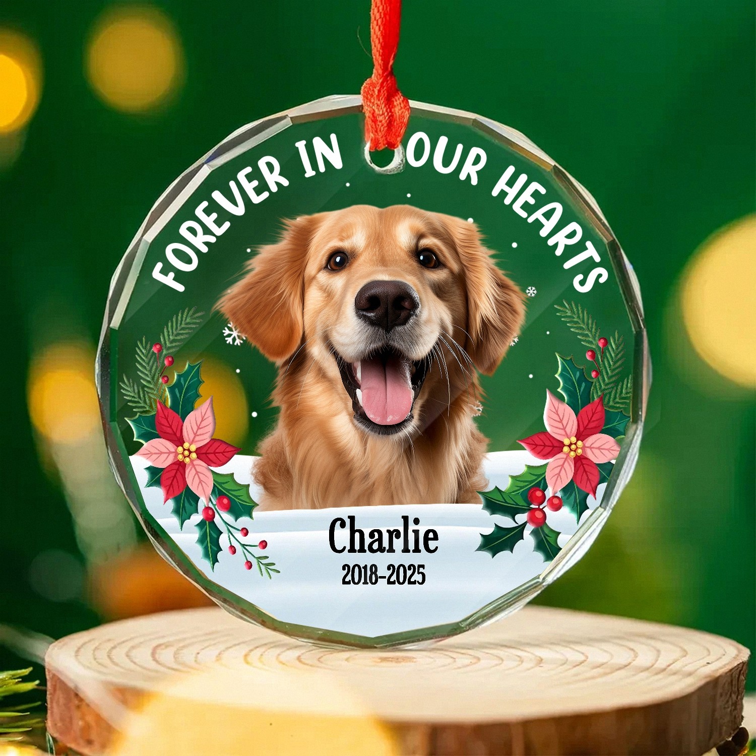 Custom Photo Dog Memorial Glass Ornament - Heartfelt Pet Loss Sympathy Gift, Personalized with Name & Dates