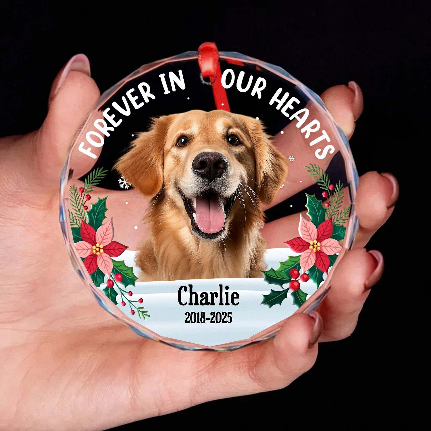 Custom Photo Dog Memorial Glass Ornament - Heartfelt Pet Loss Sympathy Gift, Personalized with Name & Dates