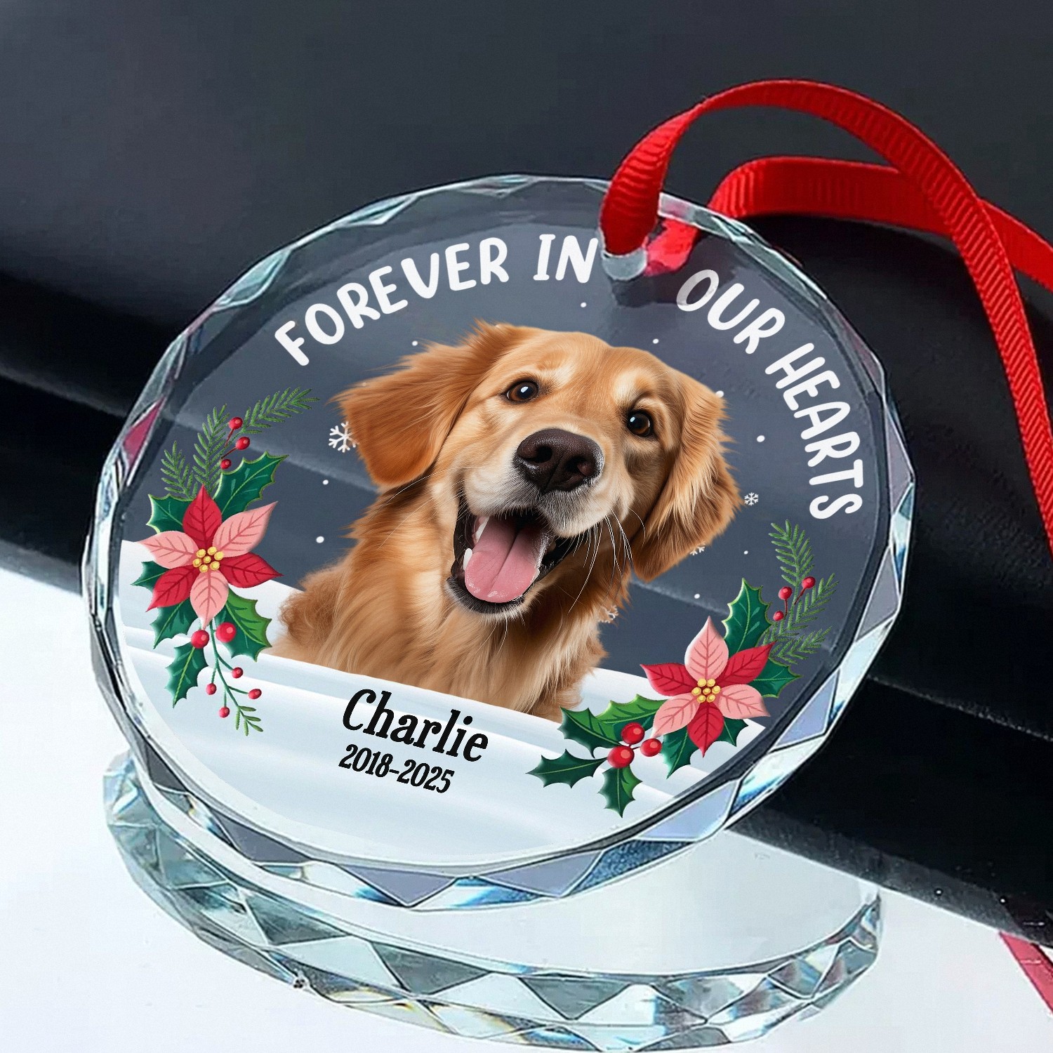 Custom Photo Dog Memorial Glass Ornament - Heartfelt Pet Loss Sympathy Gift, Personalized with Name & Dates