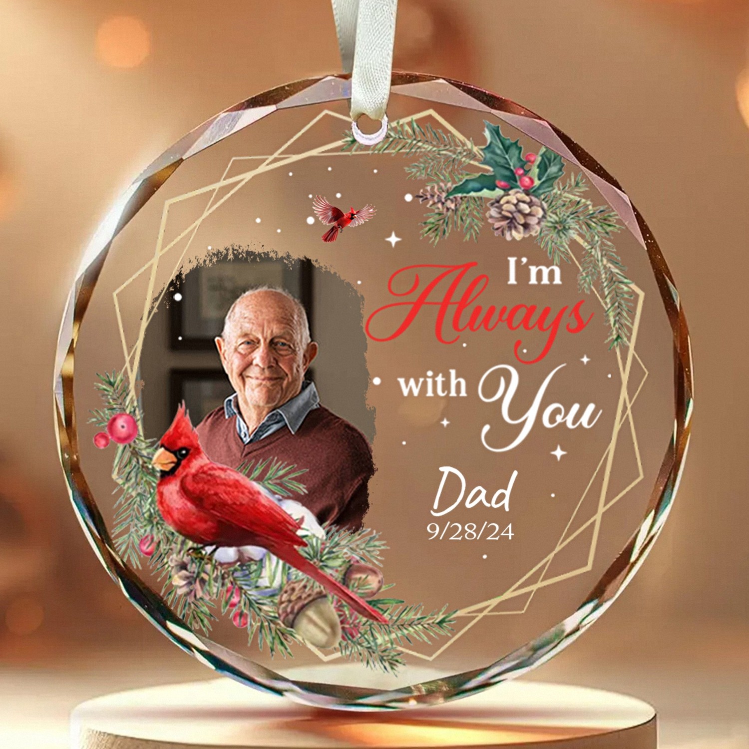 Custom Photo Memorial Ornament In Loving Memory Keepsake with Cardinal for Dad, Grandpa