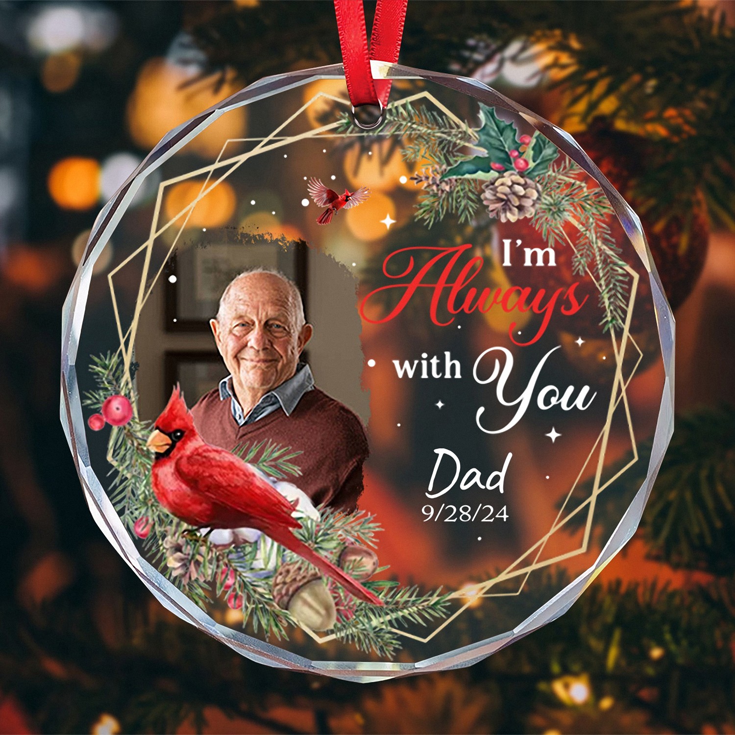 Custom Photo Memorial Ornament In Loving Memory Keepsake with Cardinal for Dad, Grandpa