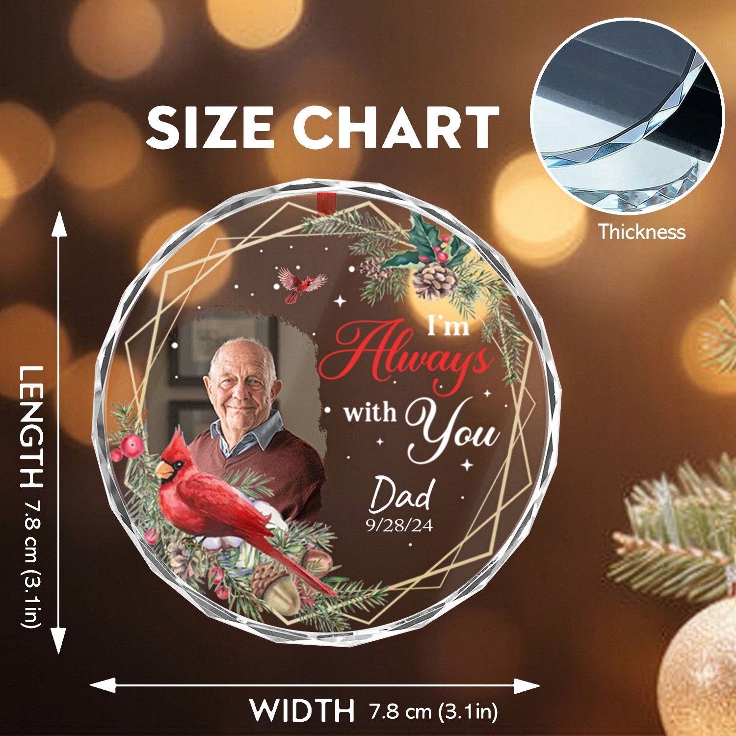 Custom Photo Memorial Ornament In Loving Memory Keepsake with Cardinal for Dad, Grandpa