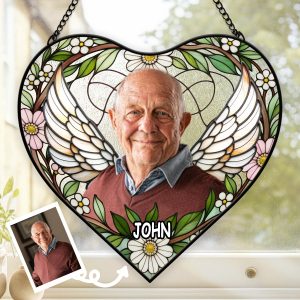 Custom Photo Memorial Suncatcher with Angel Wings, Heart-Shaped Stained Glass Style, In Loving Memory Bereavement Gift, Sympathy Keepsake for Loss of Loved One