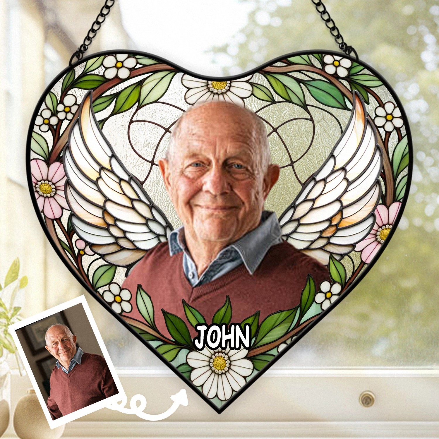 Custom Photo Memorial Suncatcher with Angel Wings, Heart-Shaped Stained Glass Style, In Loving Memory Bereavement Gift, Sympathy Keepsake for Loss of Loved One