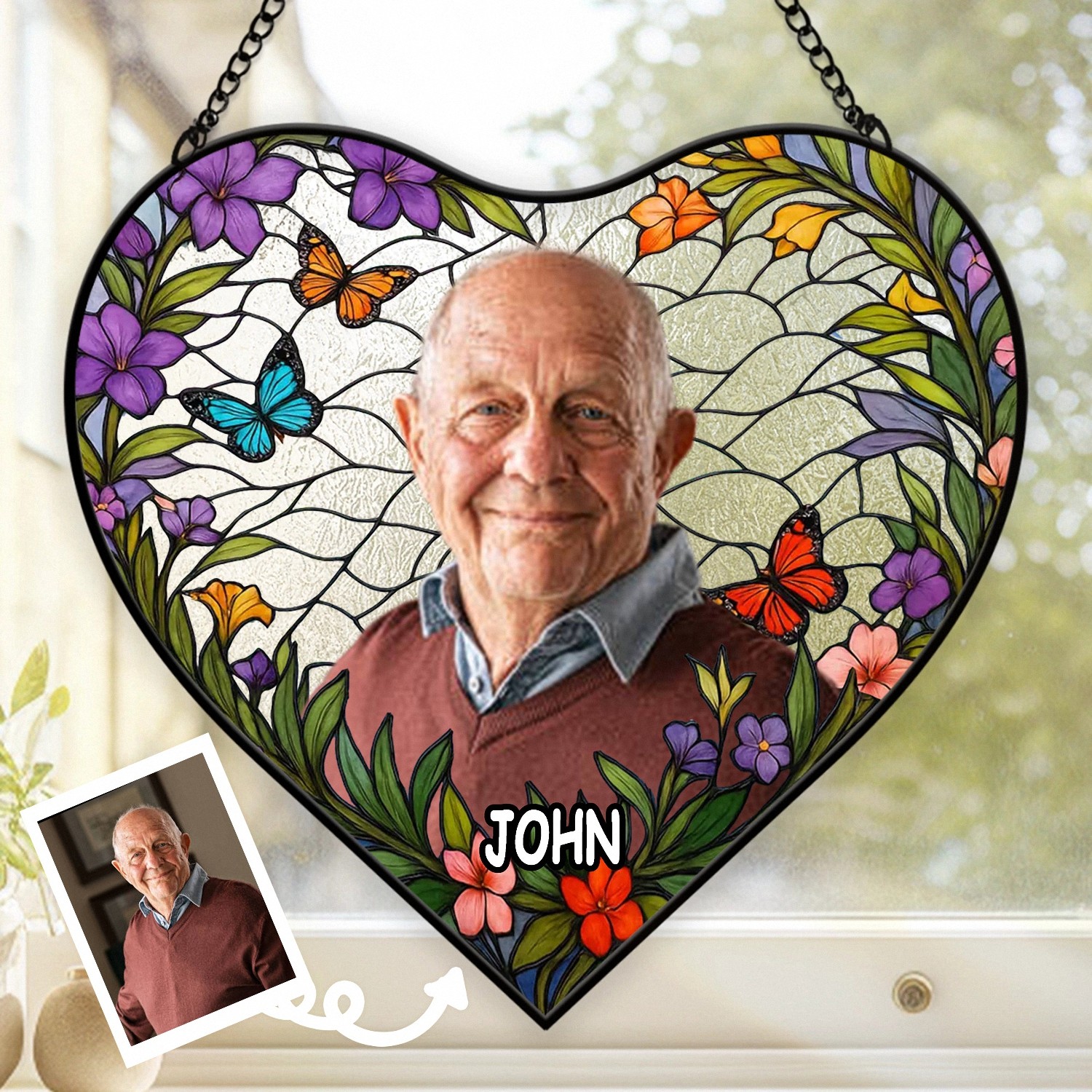 Custom Photo Memorial Suncatcher with Angel Wings, Heart-Shaped Stained Glass Style, In Loving Memory Bereavement Gift, Sympathy Keepsake for Loss of Loved One