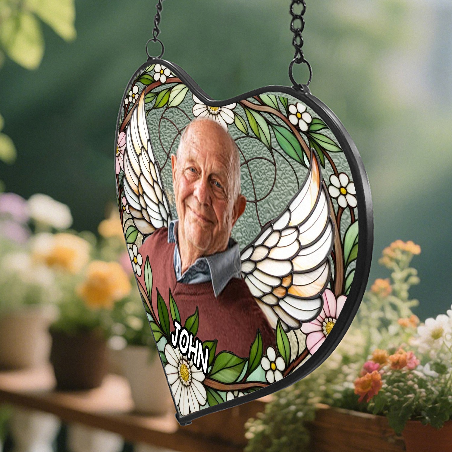 Custom Photo Memorial Suncatcher with Angel Wings, Heart-Shaped Stained Glass Style, In Loving Memory Bereavement Gift, Sympathy Keepsake for Loss of Loved One