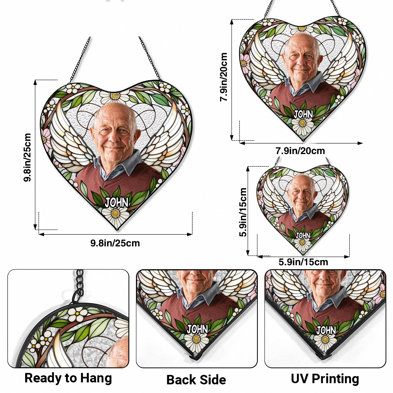 Custom Photo Memorial Suncatcher with Angel Wings, Heart-Shaped Stained Glass Style, In Loving Memory Bereavement Gift, Sympathy Keepsake for Loss of Loved One
