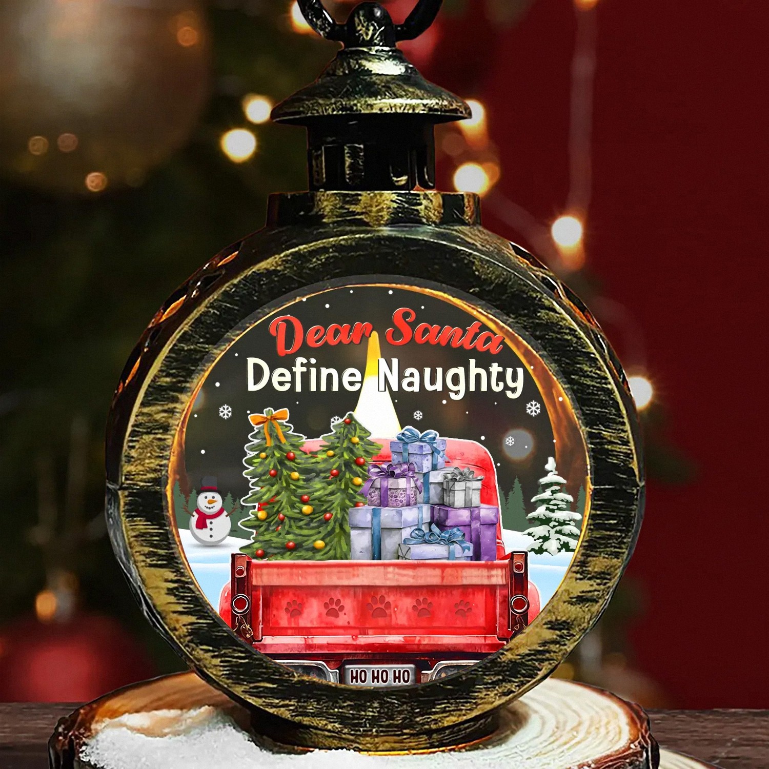 Dear Santa Define Naughty Funny Christmas Lantern Red Truck LED Light with Pet Paw Prints Vintage Style Holiday Decor Humorous Christmas Gift for Dog Lovers Tabletop Ornament QHOPA