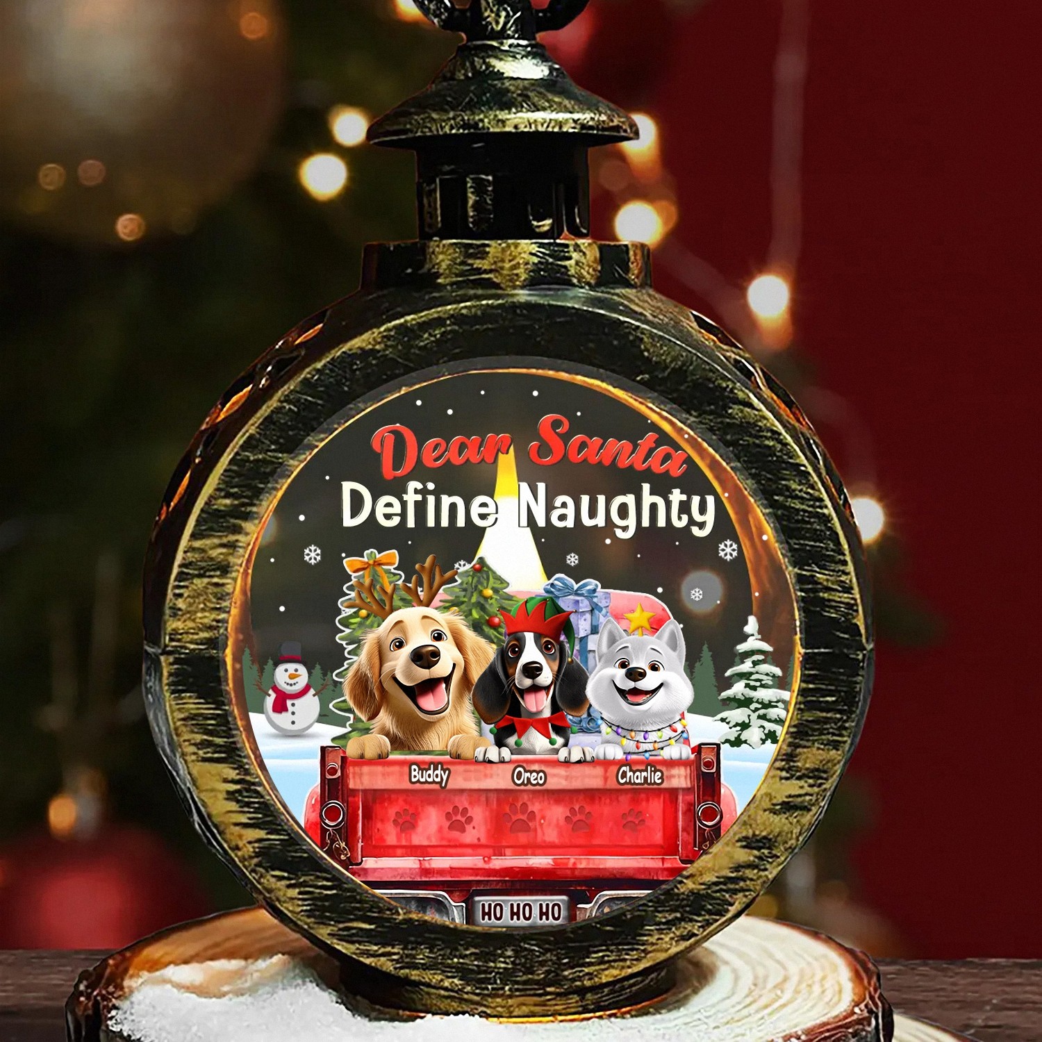 Dear Santa Define Naughty Funny Christmas Lantern Red Truck LED Light with Pet Paw Prints Vintage Style Holiday Decor Humorous Christmas Gift for Dog Lovers Tabletop Ornament QHOPA