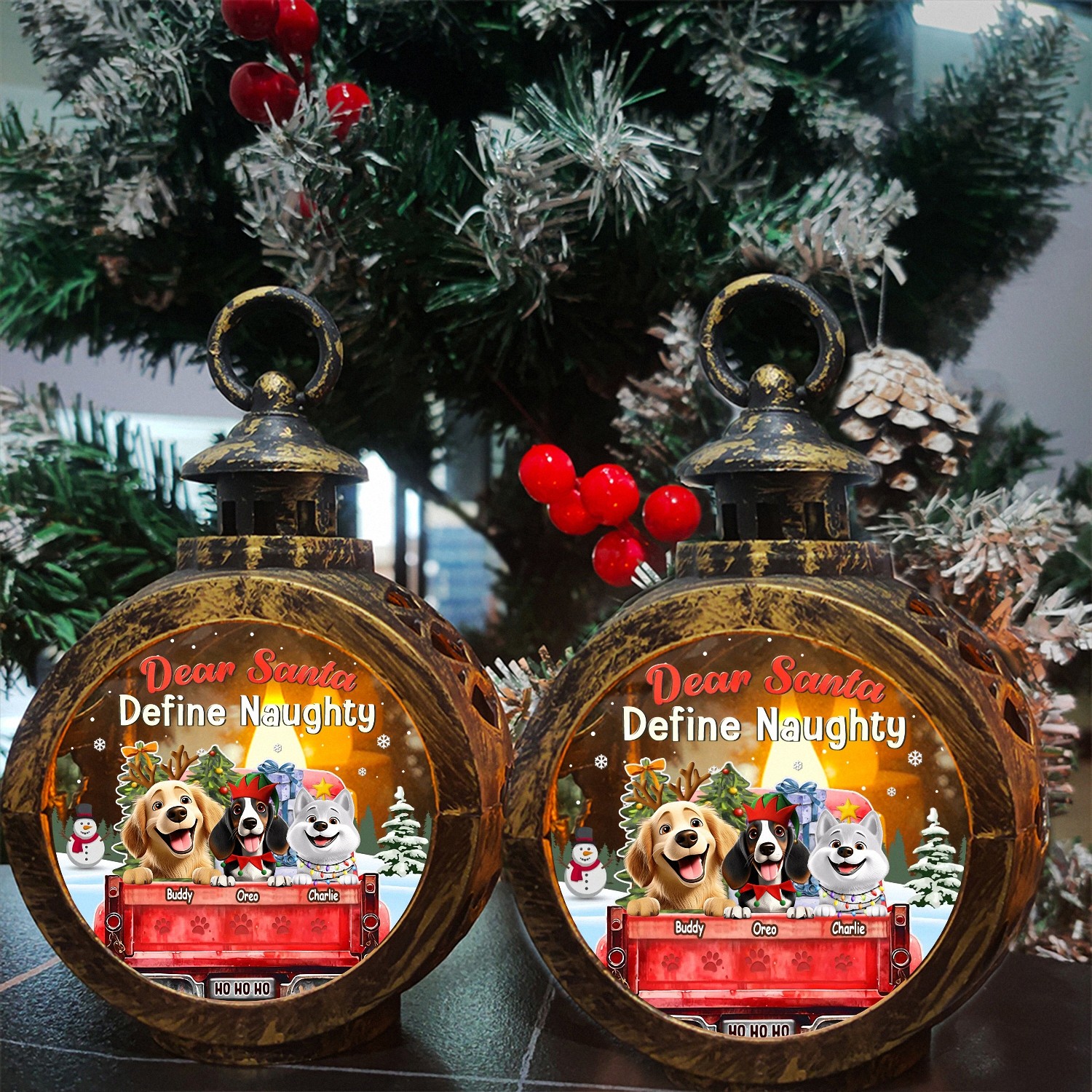 Dear Santa Define Naughty Funny Christmas Lantern Red Truck LED Light with Pet Paw Prints Vintage Style Holiday Decor Humorous Christmas Gift for Dog Lovers Tabletop Ornament QHOPA