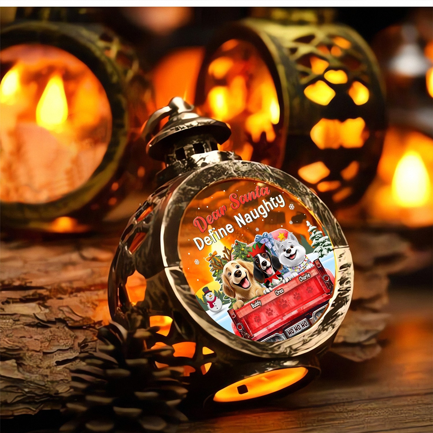 Dear Santa Define Naughty Funny Christmas Lantern Red Truck LED Light with Pet Paw Prints Vintage Style Holiday Decor Humorous Christmas Gift for Dog Lovers Tabletop Ornament QHOPA