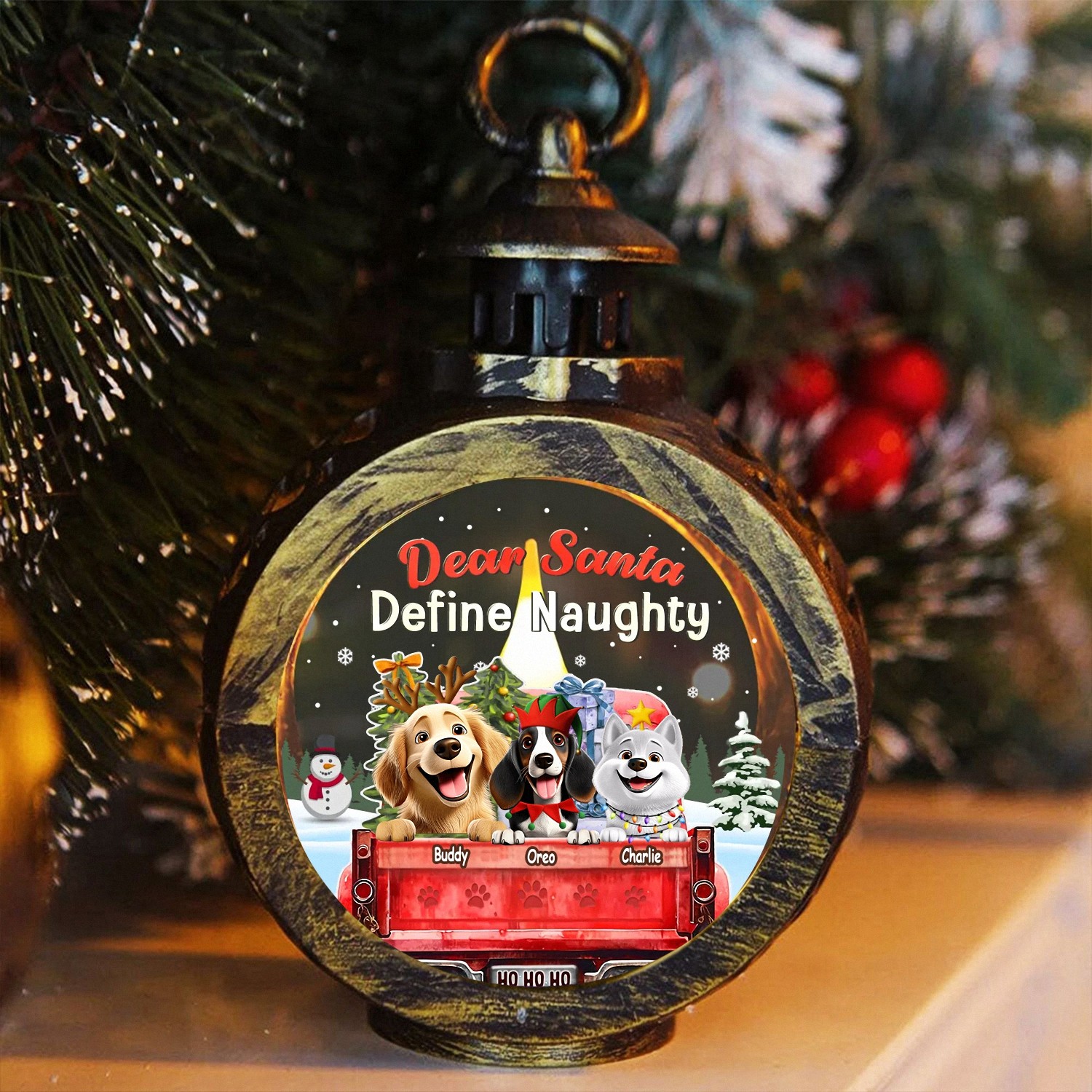 Dear Santa Define Naughty Funny Christmas Lantern Red Truck LED Light with Pet Paw Prints Vintage Style Holiday Decor Humorous Christmas Gift for Dog Lovers Tabletop Ornament QHOPA