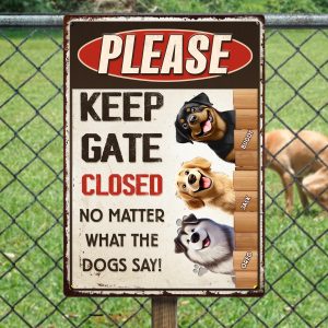 Personalized Keep Gate Closed Dog Sign with Custom Names No Matter What The Dogs Say Funny Metal MTS-CDLBL